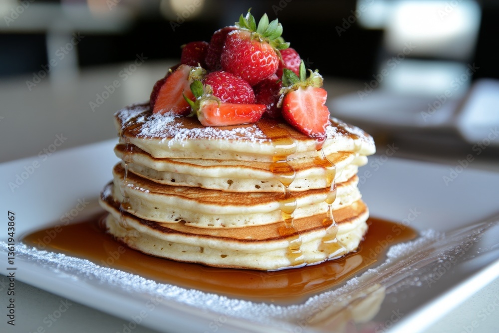 Poster Delicious stack of pancakes topped with fresh berries and syrup served in a bright cafe during brunch hours