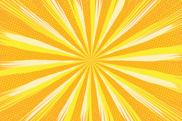 Bright yellow comic-style radial burst background with dynamic rays and halftone dots, creating an energetic and vibrant explosion effect.