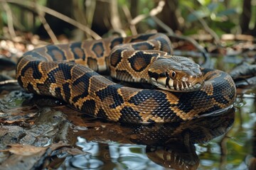 Fototapeta premium A detailed photograph of a patterned snake near water