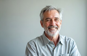 Confident senior man portrait. Elderly male with grey hair smiles showing teeth looking to camera. Happy expression shows wellness, positive attitude. Mature adult smiling, healthy skin.
