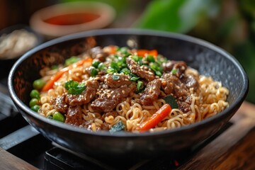Savory noodles with beef and vegetables served in a black bowl on wooden table