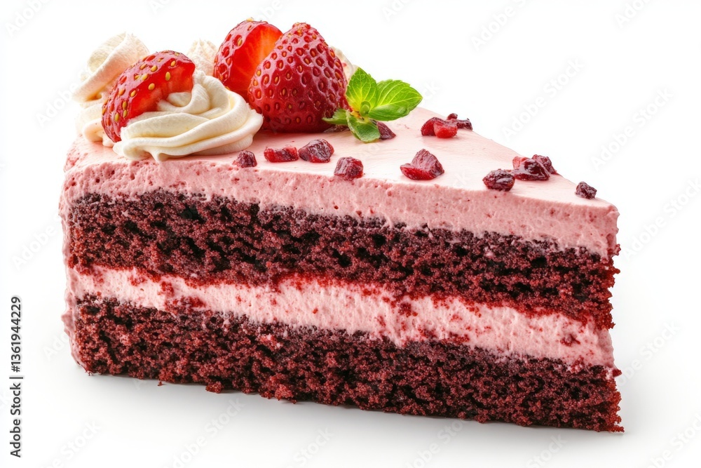 Poster delicious strawberry layer cake with cream and mint garnish presented on a white background