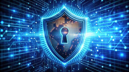 A digital shield with a keyhole, surrounded by glowing circuits, symbolizes cybersecurity and protection in a technological landscape.