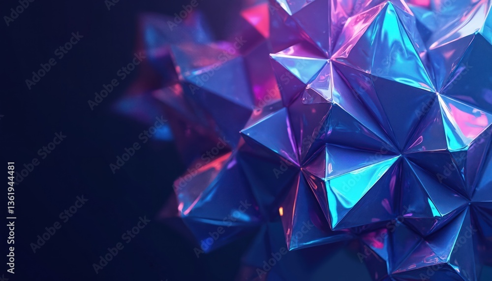Poster abstract geometric crystal shapes design in blue, purple hues. glossy reflective surface with triang