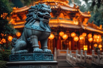 Obraz premium A Detailed Stone Sculpture Depicts a Protective Guardian Lion