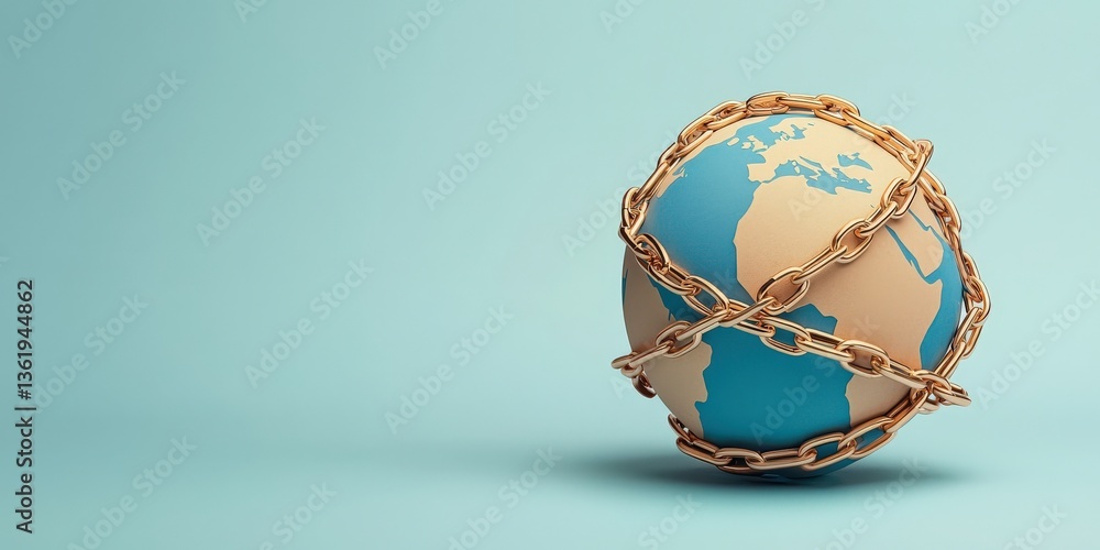 Poster law restriction policy concept. a globe wrapped in chains symbolizing restriction and control.