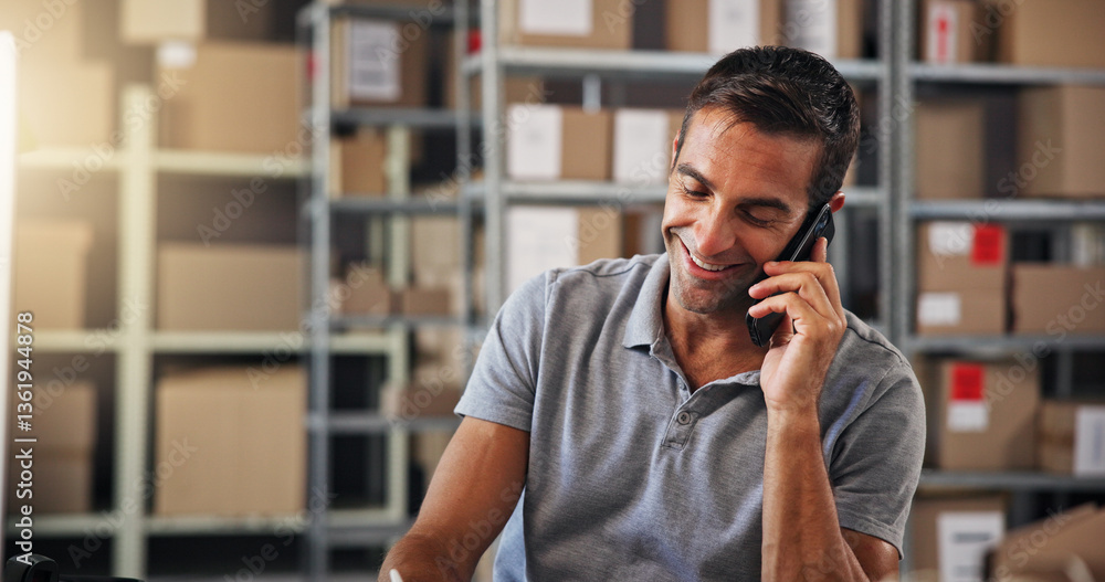 Aufkleber phone call, smile and supply chain with man in distribution center for communication or update. boxe