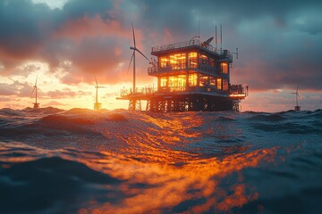 Futuristic Offshore Energy Hybrid Station at Sunset with Waves