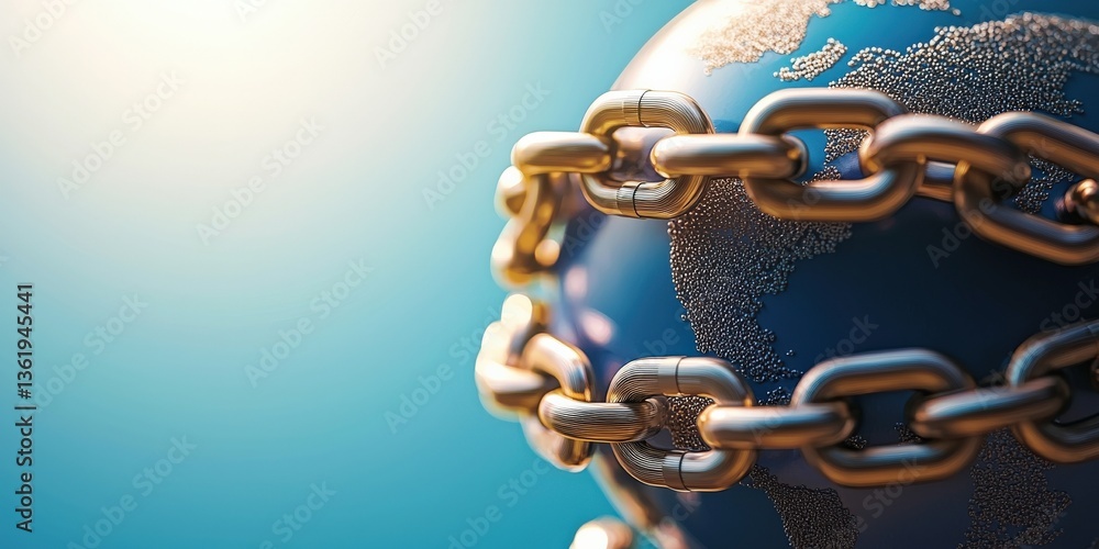 Poster law restriction policy concept. a globe locked in chains symbolizing restriction and confinement.