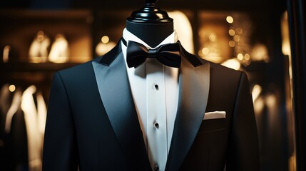 Elegant tuxedo displayed on a mannequin in a luxurious boutique, showcasing intricate tailoring and sophisticated design elements