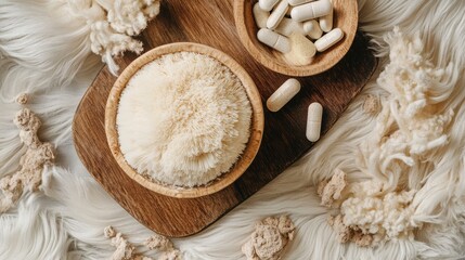 Fototapeta premium A wooden serving board displays a fluffy mushroom alongside herbal capsules, set against a soft, textured background