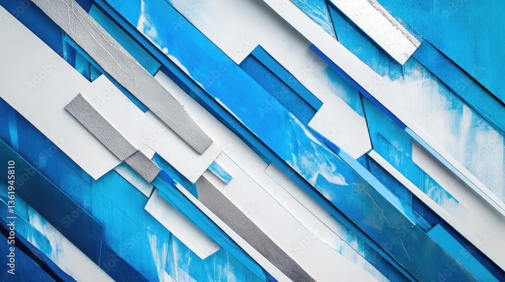 Poster abstract blue and white geometric design with layered textures and angles, creating a modern artisti