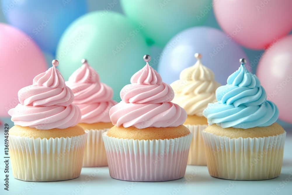 Aufkleber colorful cupcakes with swirled frosting displayed against pastel balloons in a festive setting