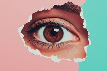 Creative exploration of the human eye peeking through a torn paper background with contrasting colors in a modern artistic setting
