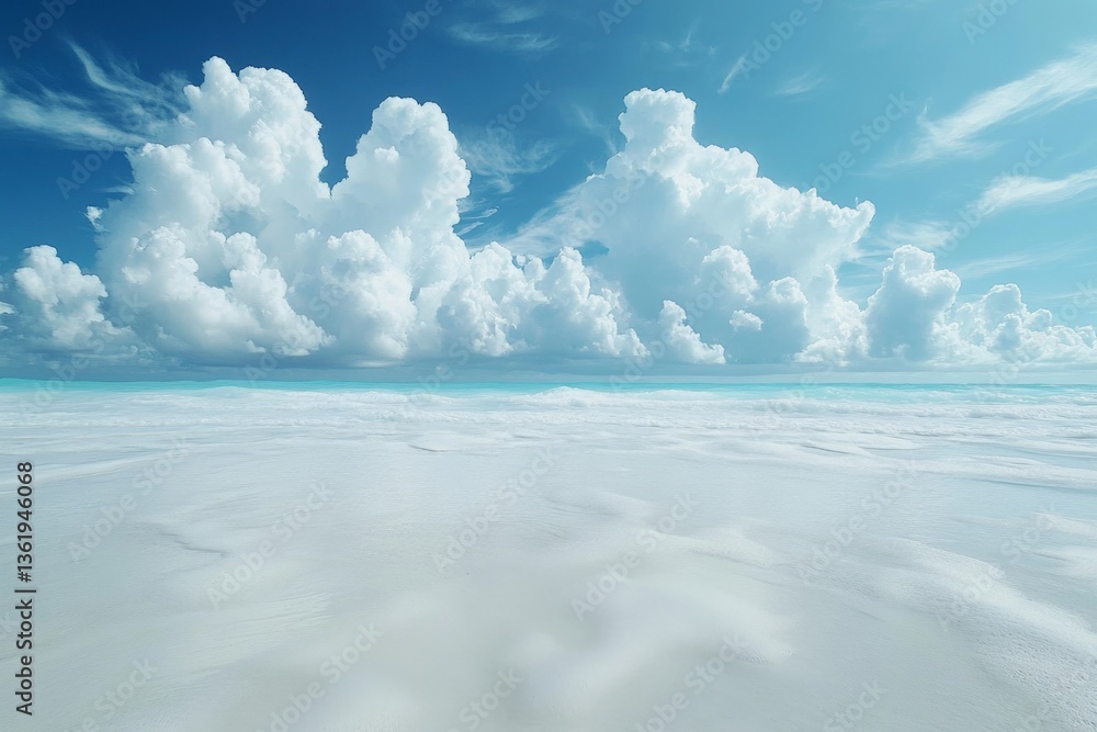 Poster expansive view of serene ocean and vibrant clouds over white sands at midday