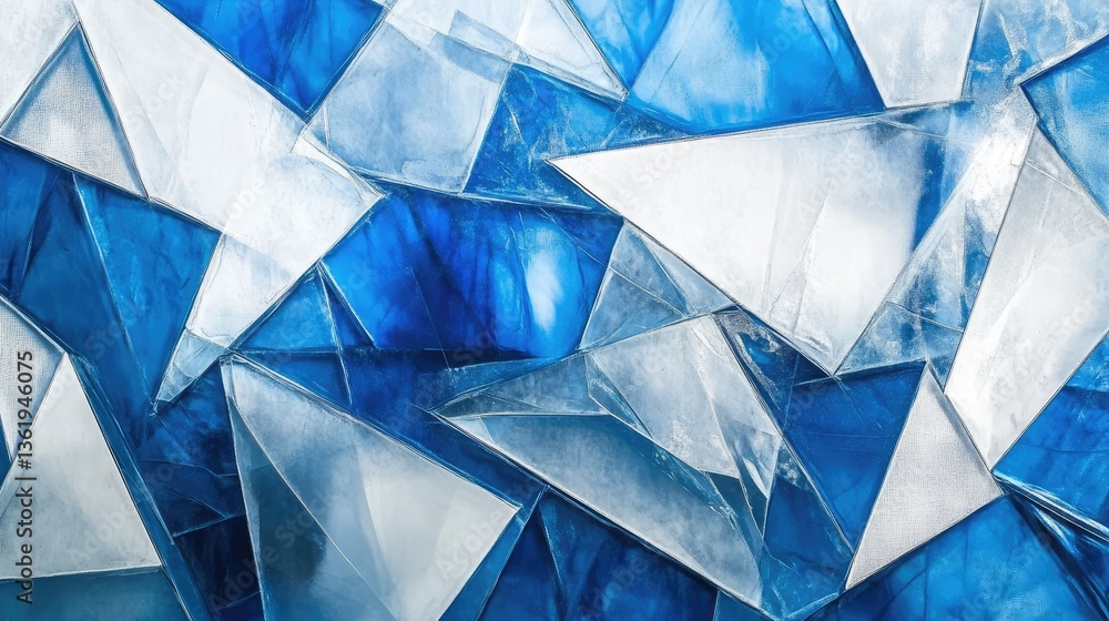 Poster abstract blue and white geometric pattern created by overlapping translucent triangular shapes, evok