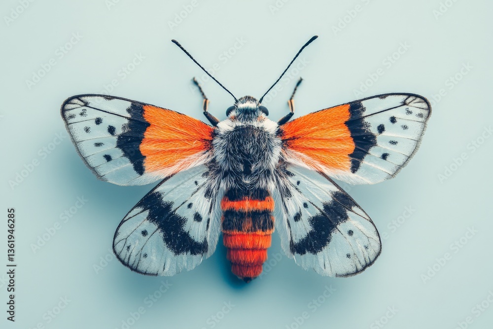 Poster colorful butterfly displaying intricate patterns, photographed against a soft blue background during