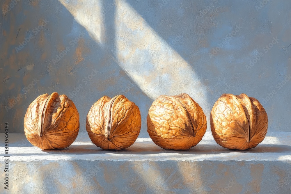 Poster Decorative arrangement of four golden nuts on a minimalist shelf with soft light and a serene background