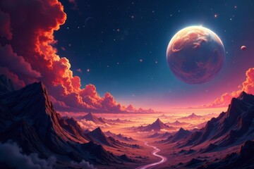 Abstract mixed media art depicting unknown space world, stars, space