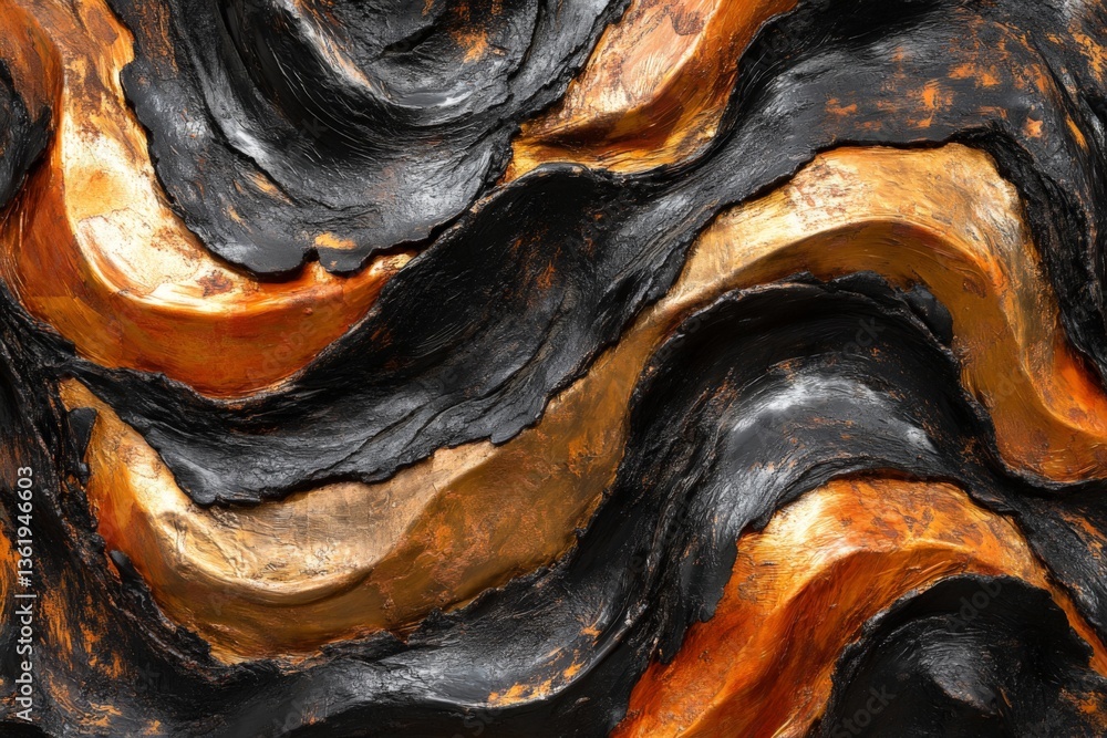 Poster abstract texture featuring dynamic waves of black and gold colors in a modern art design