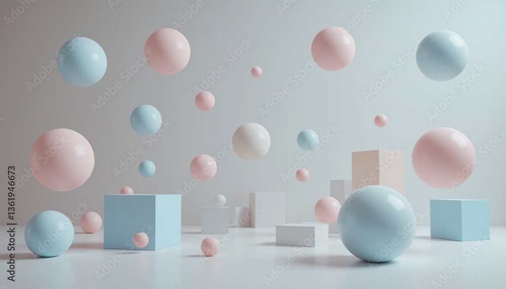 Aufkleber floating geometric shapes in pastel colors minimalist studio setting 3d animation soft lighting abst