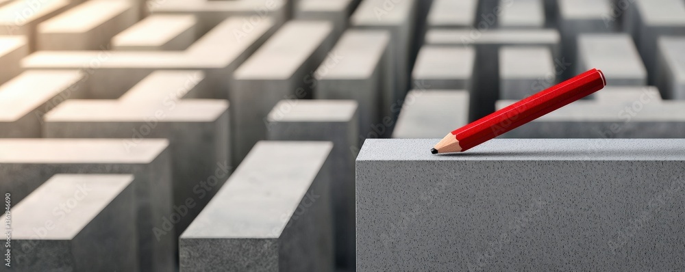 Poster law restriction policy concept. a red pencil rests on a gray block in a maze of concrete structures.