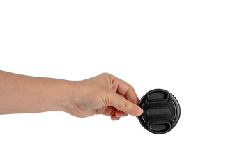 Camera Lens Cap in hand, isolated on transparent background.