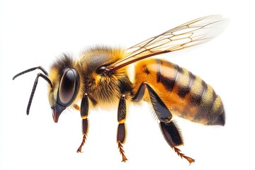 Detailed close-up of a honey bee showcasing its fuzzy body and delicate wings during a sunny afternoon