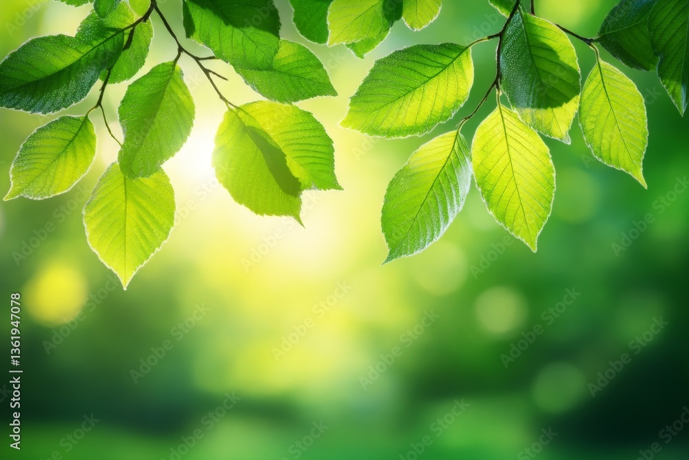 Aufkleber vibrant green leaves illuminated by sunlight create a serene atmosphere in a lush forest setting dur