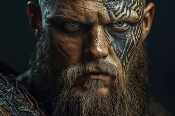 Intense portrait of a warrior with tribal face paint showcasing detailed tattoos and a fierce expression during a dramatic lighting setup
