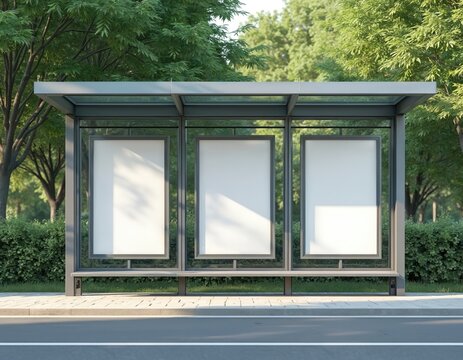 Mockup bus station with three empty advertising spaces. Modern design, blank white billboards, public transport stop. Place for commercial message in city. Urban street scene with green trees.
