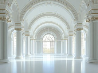 Naklejka premium A vast interior highlighted by impressive columns and tall windows, showcasing an empty 3D rendered space, suitable for architectural designs or event planning, with a bright and open feel