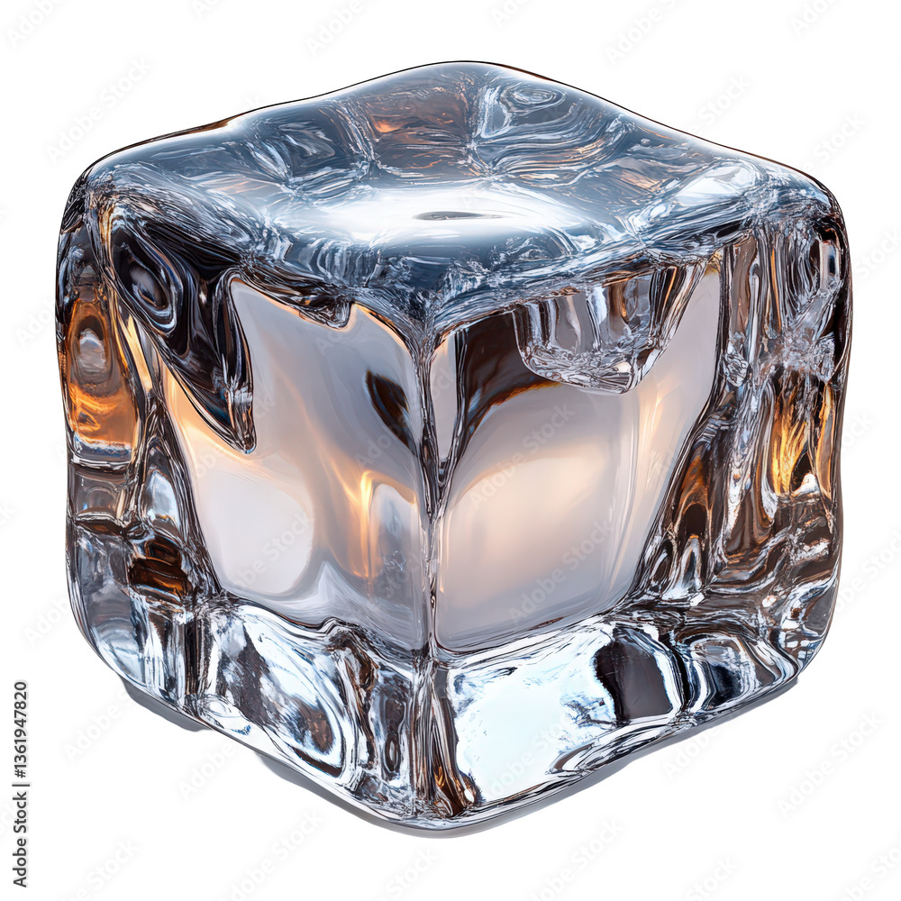 Poster refractive glacial ice cube on stark backdrop showcasing liquid transformation isolated on transpare