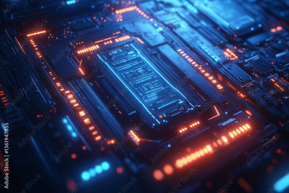 Fototapete futuristic circuit board with glowing components and intricate patterns in a digital landscape at ni