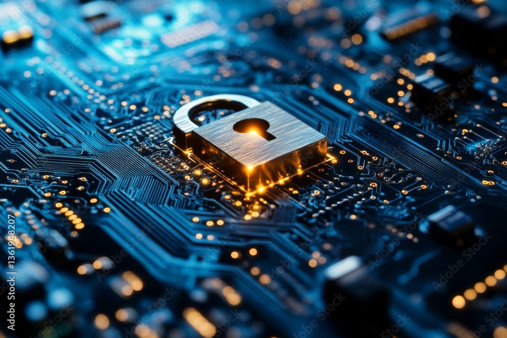 Poster Modern digital security lock on a circuit board representing cybersecurity in technology today