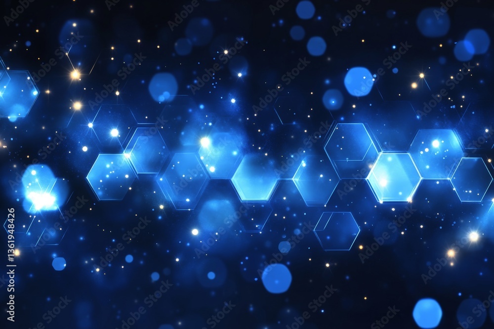 Poster Abstract blue hexagonal pattern with glowing elements in a dark background