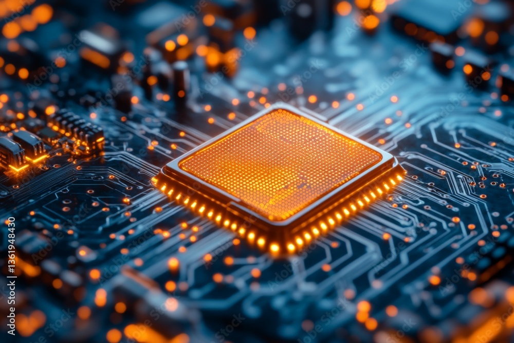 Poster close-up view of a glowing microprocessor on a circuit board highlighting advanced technology connec