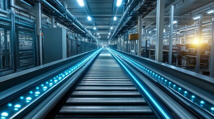 Obraz premium A state-of-the-art automated assembly line equipped with elegant robotic arms and conveyor belts, bathed in cool LED lighting, focusing on meticulous mechanical operations and industrial