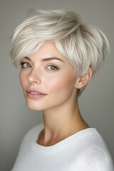 Woman with short white hair poses confidently in a minimalistic setting showcasing her natural beauty and modern hairstyle