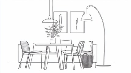 Minimalist dining area illustration with plant and overhead lighting design