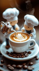 Obraz premium Two small chefs pouring milk into a coffee cup to create latte art in a cozy setting with coffee beans scattered around