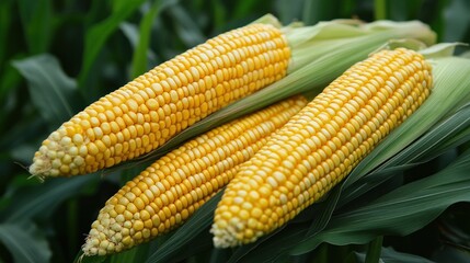 Fresh corn cobs in field, closeup, healthy food