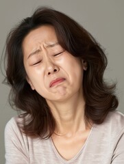 Emotional woman expressing sadness while sitting indoors during midday