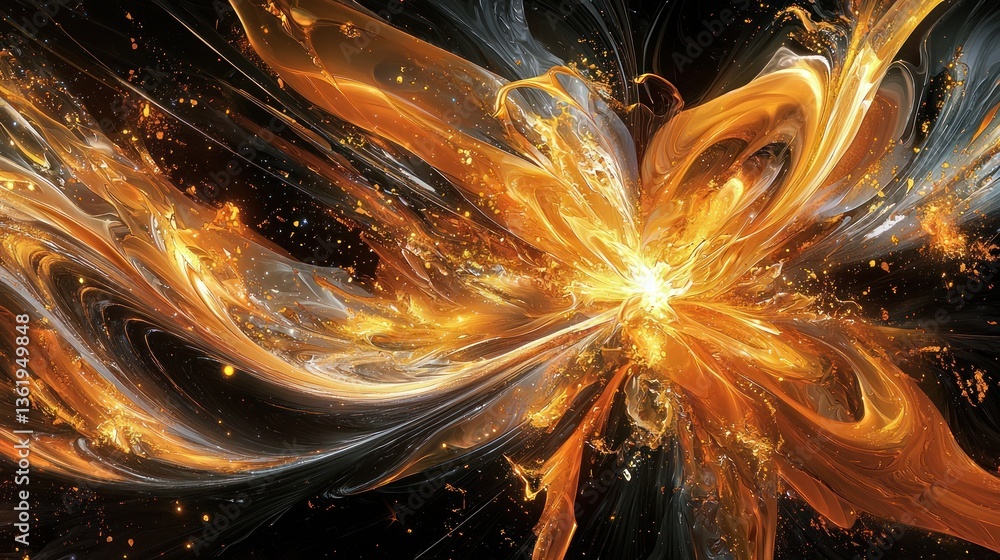 Poster abstract image of swirling orange and gold particles on a black background. the particles create a d
