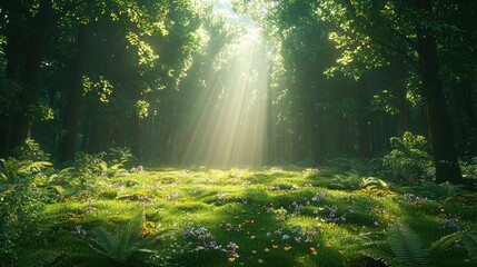 Sunbeams illuminate a lush forest clearing with wildflowers.