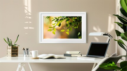 A white rectangular frame displayed in a home office, above a desk with a coffee cup, a laptop, and an open book. HD 8K mockup wallpaper Photographic Image
