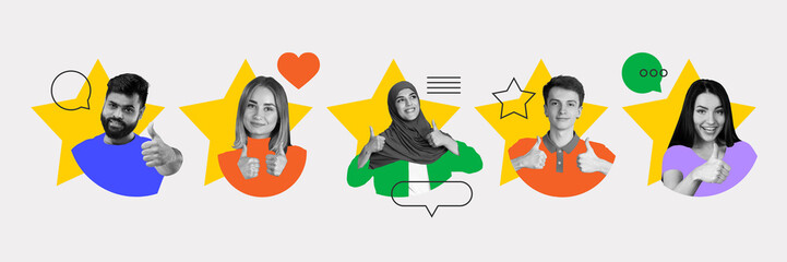 Diverse people showing thumbs up with stars. Visual unity of multicultural voices sharing...