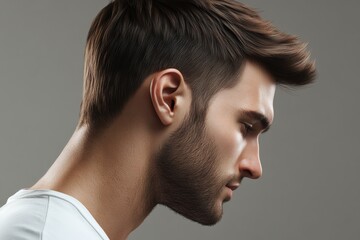 Obraz premium Close-up profile of a young man showcasing modern hairstyle and facial texture against a neutral background during a studio session