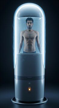 Man in futuristic cryogenic capsule for human preservation. Sci-fi cloning and cryonics concept. Innovative medical technology for life extension and space travel.