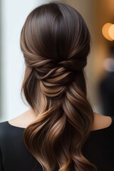 Naklejka premium Elegant hairstyle featuring soft waves and an intricate twist, perfect for events or special occasions